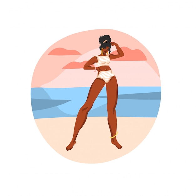 Hand drawn  abstract stock  graphic illustration with young happy black  beauty female,in swimsuit on sundown beach scene  on white background