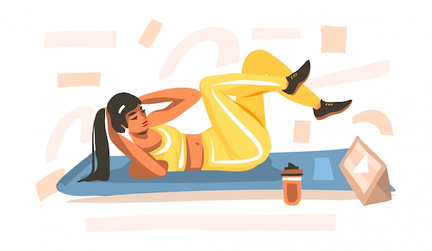 Hand drawn  abstract stock  illustration with young happy female, doing fitness on mat and watching online training video on tablet  on white background.