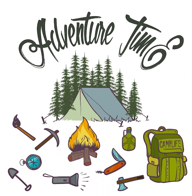 Hand drawn adventure camp icons