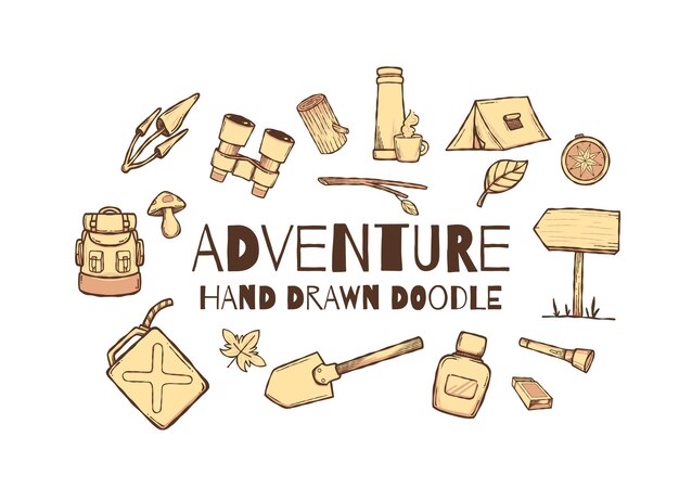 Vector hand drawn adventure doodle design elements vector illustration collection set