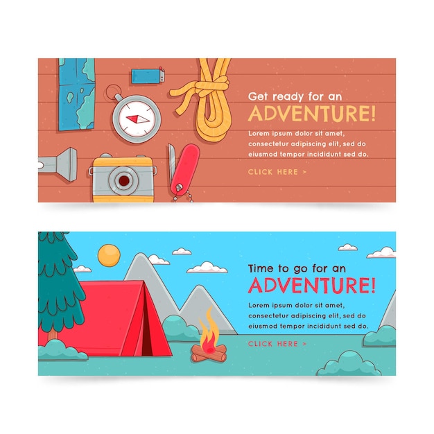 Hand drawn adventure horizontal banners set