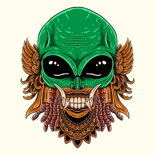 hand drawn alien head with rangda barong ornament engraving style illustrationn