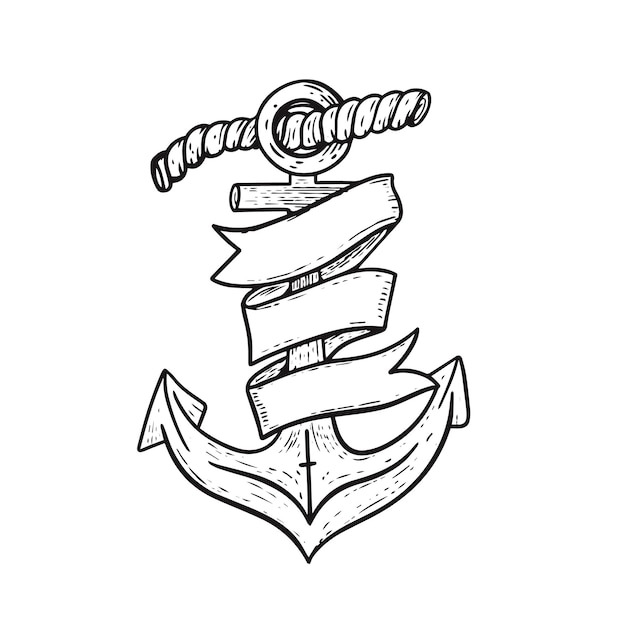 A hand drawn anchor with ribbons on it.