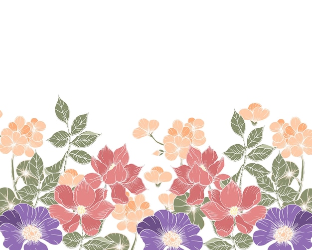 Hand Drawn Anemone and Magnolia Flower Background