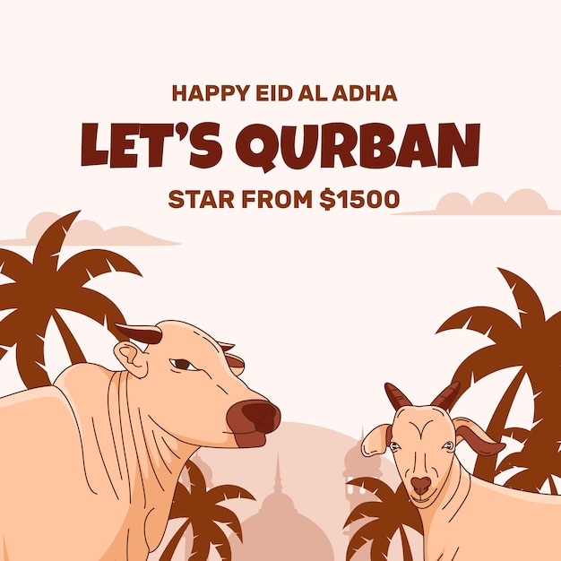 Hand drawn animal sacrifice banner for islamic feast of eid al adha mubarak with goat and cow