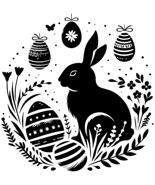 Hand Drawn Animals Silhouette Set Illustration Happy Easter Bunny Egg