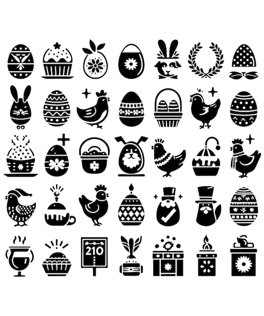 Hand Drawn Animals Silhouette Set Illustration Happy Easter Bunny Egg