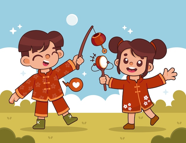 Hand drawn asian children illustration