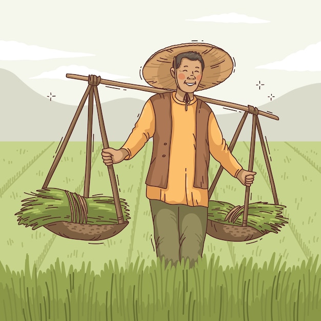 Hand drawn asian farmer illustration