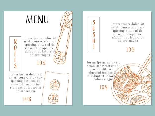 Vector hand drawn asian food collection with sushi and ramen. creative design menu template.