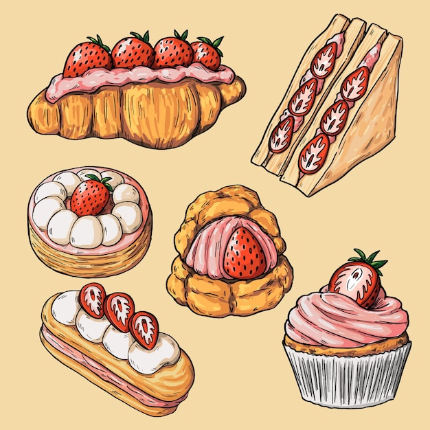 Vector hand drawn assorted strawberry dessert and pastry food illustration