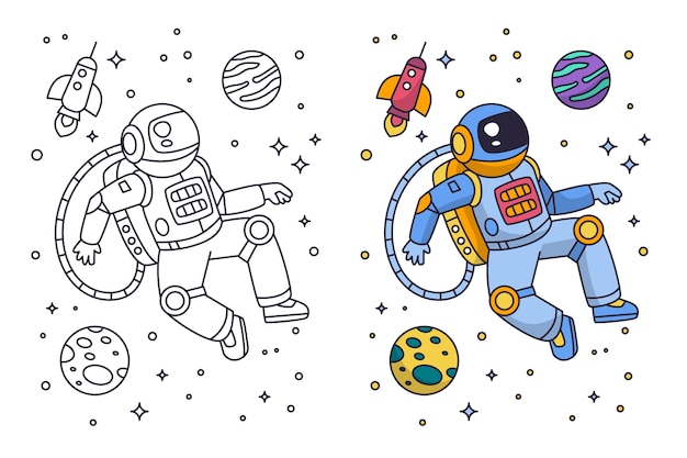 Hand drawn astronaut coloring book illustration