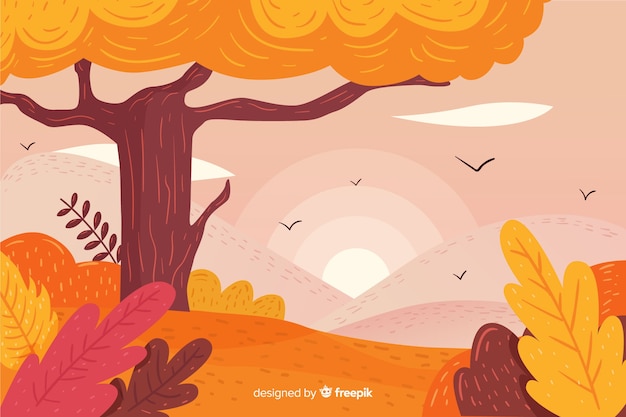 Hand drawn autumn background with landscape