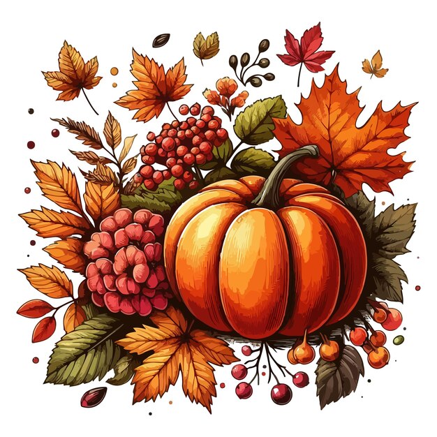 Vector hand drawn autumn clip art pumpkin guelder rose and colourful leaves stock illustration