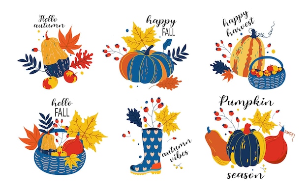 Hand drawn autumn clip art set with lettering Orange green pumpkins and autumn leaves apples