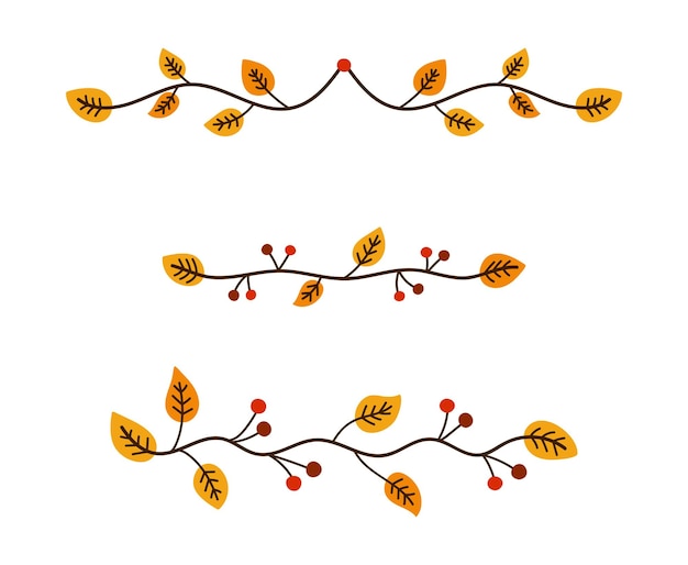 Hand drawn autumn dividers, borders set. Decorative vector lines with leaves and seasonal berries.