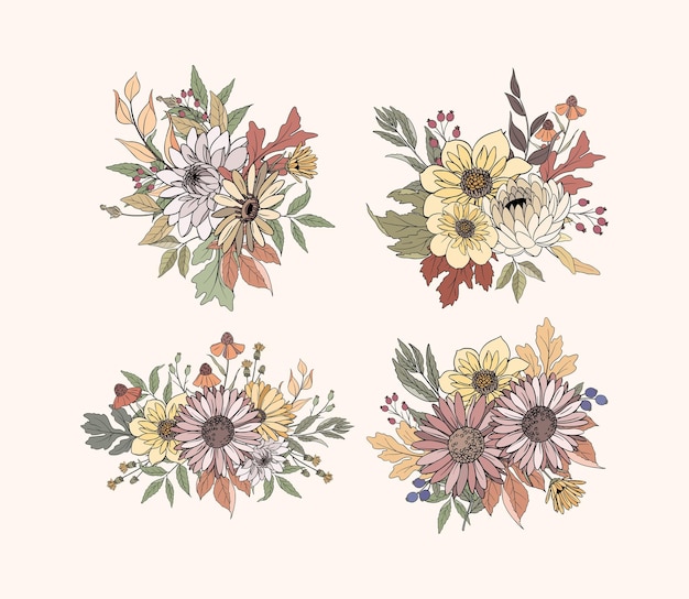 Vector hand drawn autumn flower and leaves bouquet arrangement