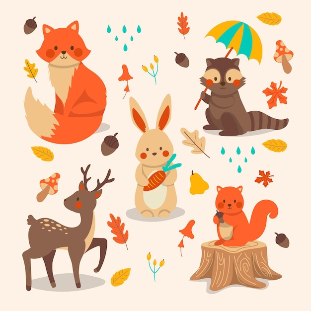 Hand drawn autumn forest animals collection