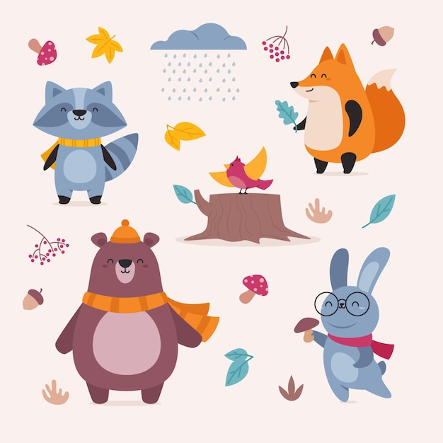 Hand drawn autumn forest animals