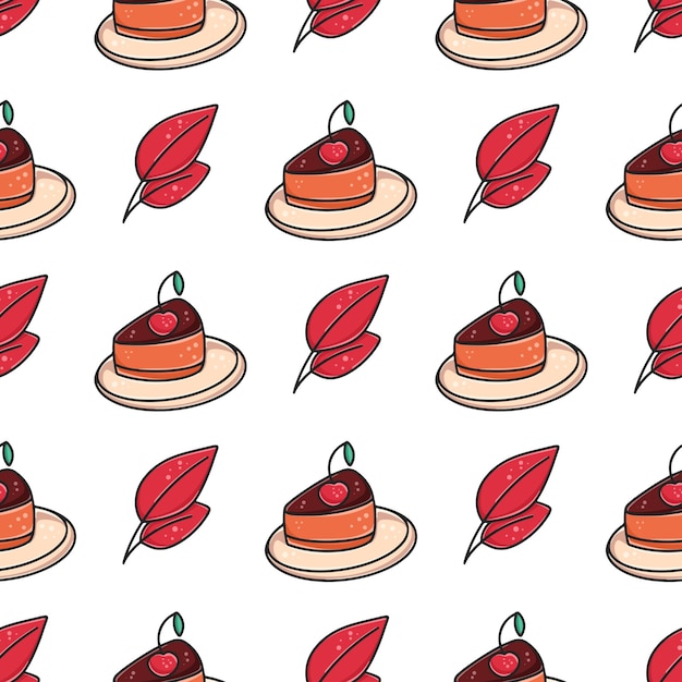 Hand drawn autumn seamless pattern with cherry cake Background with cute cozy decorative design