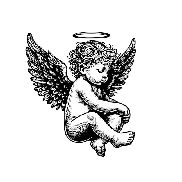 hand drawn baby angel vector illustration black and white cupid angel isolated white background