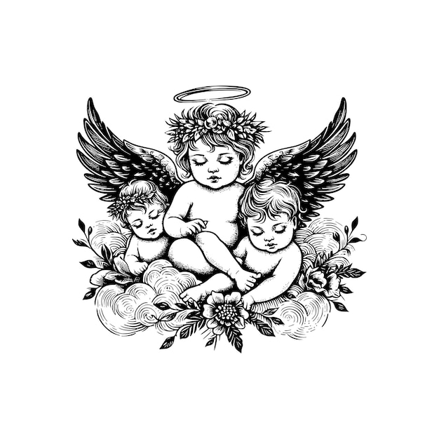 hand drawn baby angel vector illustration black and white cupid angel isolated white background