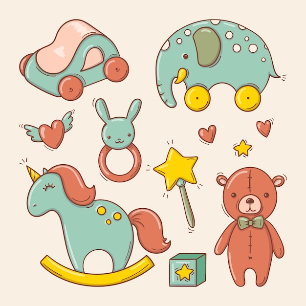 Hand drawn baby colorful toys in doodle style.