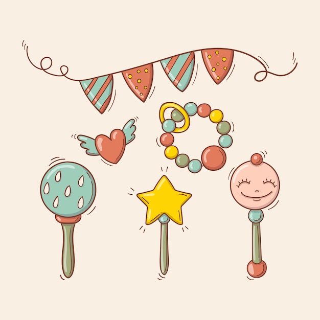 Hand drawn baby colorful toys, rattles, festive garland and a flying heart