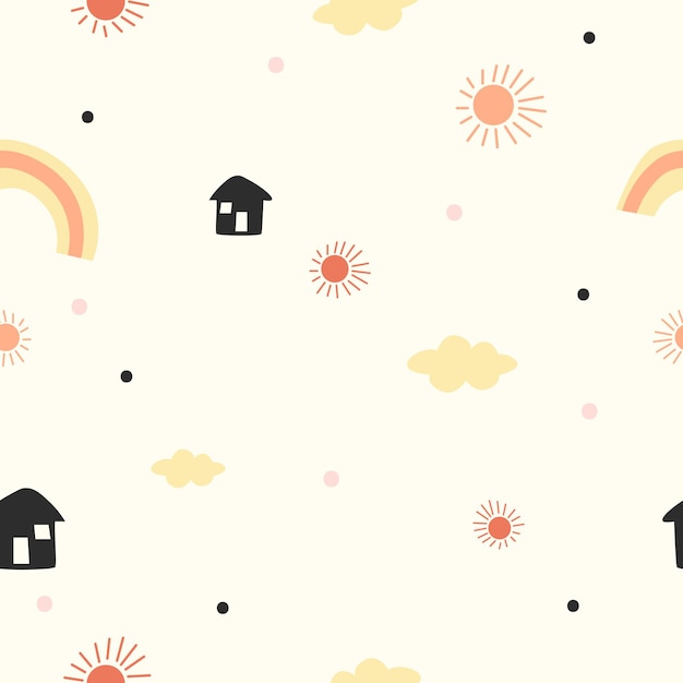 Hand drawn baby seamless pattern with cute clouds small houses and rainbow