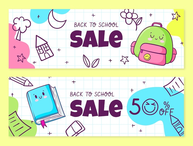 Hand drawn back to school horizontal sale banners set