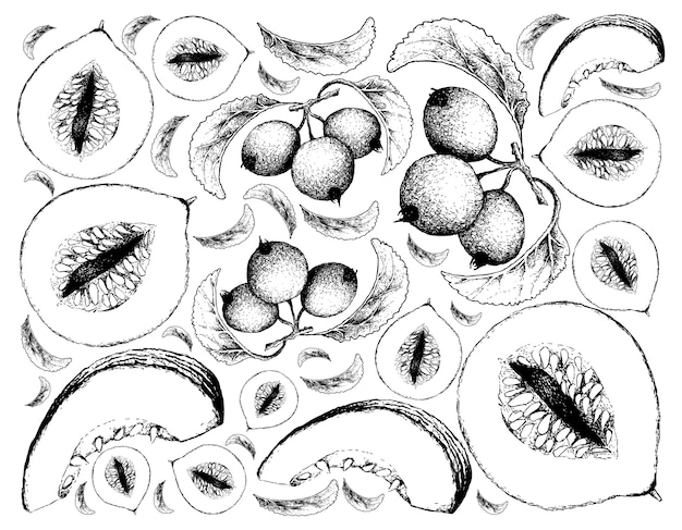 Hand Drawn Background of Casaba Melon and Crabapple Fruits