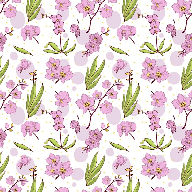 Hand drawn background seamless pattern with orchid flower