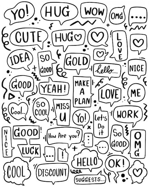 hand drawn background Set of cute speech bubble text in doodle style