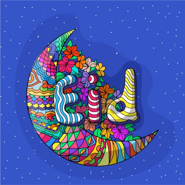 Hand-drawn background with colorful moon and floral decoration