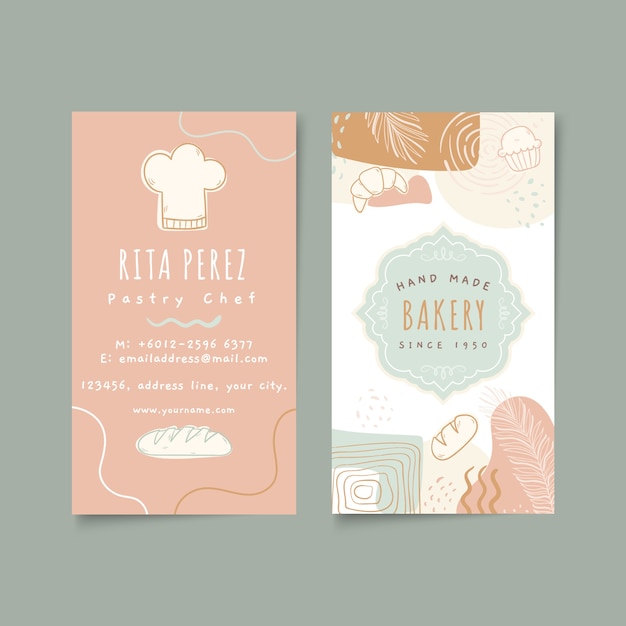 Hand drawn bakery shop vertical business card