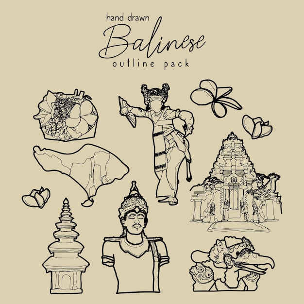 Vector hand drawn balinese outline packs