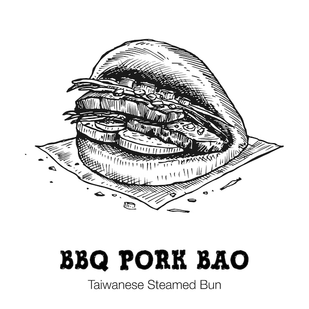 Hand drawn Bao, Taiwanese BBQ pork bun, 