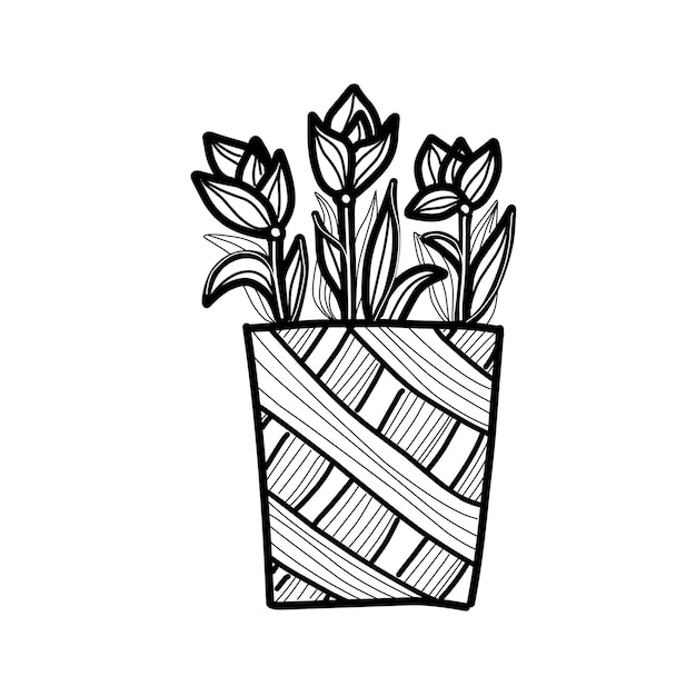 Hand drawn basket with flowers in doodle style