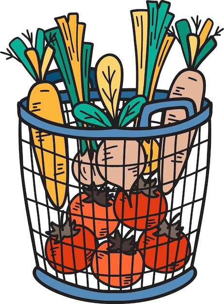 Hand Drawn Basket with fruits and vegetables inside illustration