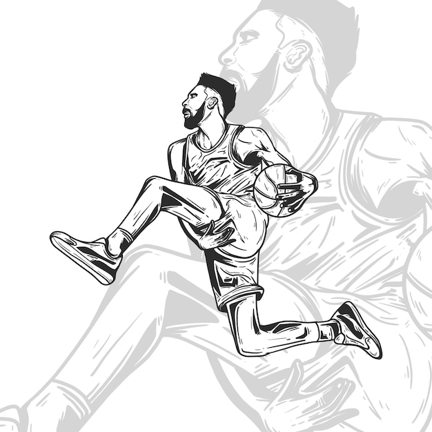 Hand Drawn Basketball PLayer Dunk. line art vector style