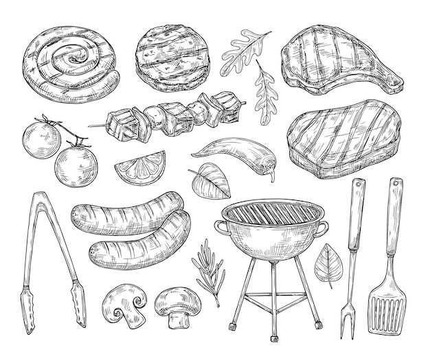 Hand drawn bbq Sausages vegetables grill sketched elements Healthy seasonal barbecue rib and lamb meat restaurant menu vintage neoteric vector signs