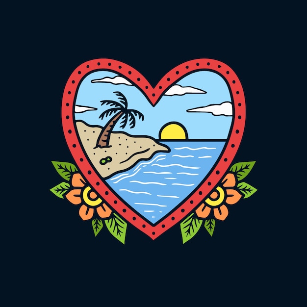 Hand drawn beach scenery on heart shape frame old school tattoo illustration