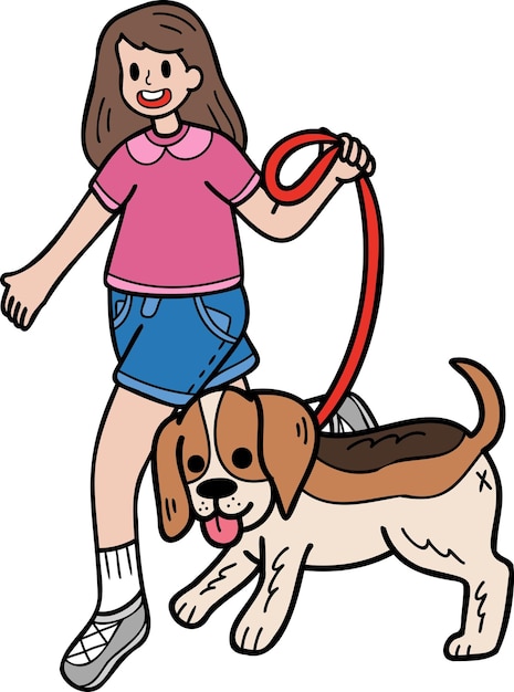 Hand Drawn Beagle Dog walking with owner illustration in doodle style