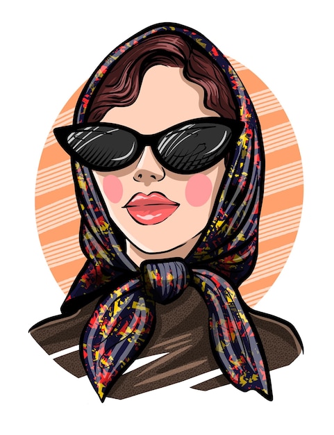 Vector hand drawn beautiful young woman. fashion woman look. the girl in the headscarf. sketch.  