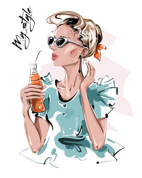 Hand drawn beautiful young woman in sunglasses Fashion girl holding bottle with juice