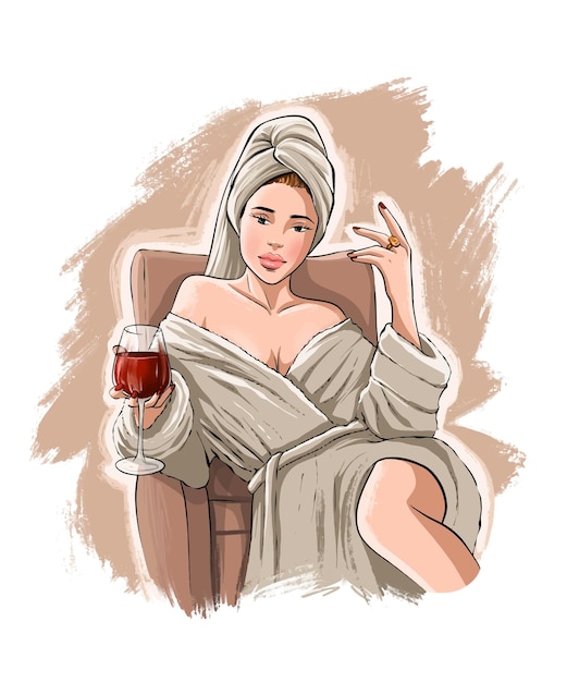 Hand drawn beautiful young woman with wine.