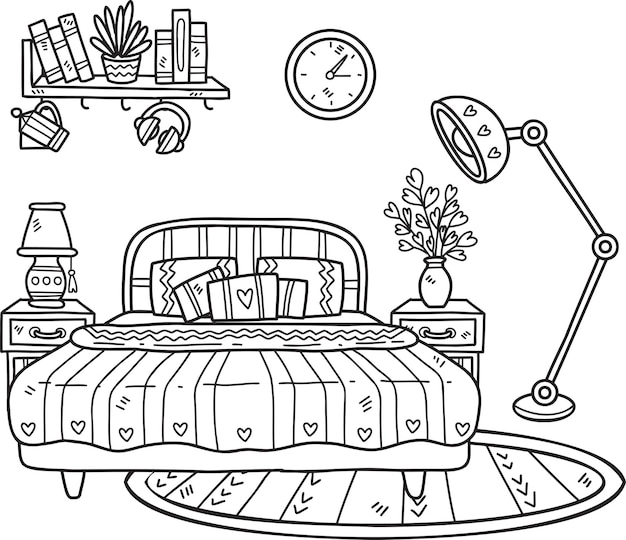 Hand Drawn bed with lamp and plants interior room illustration