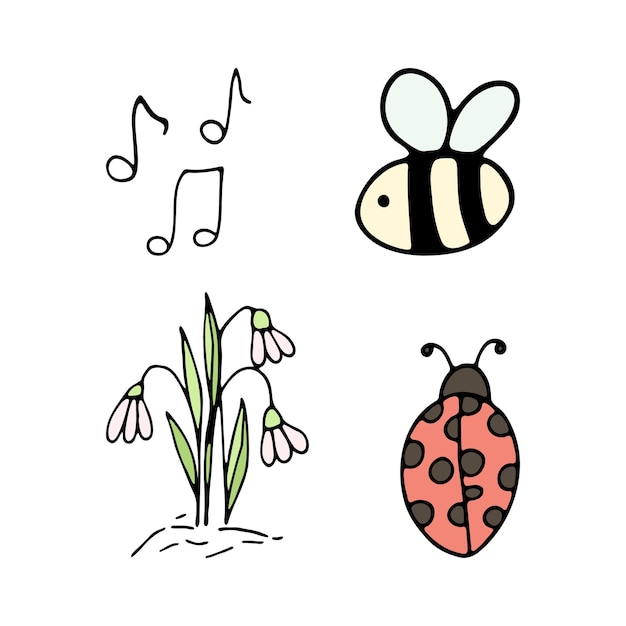 Hand drawn bee and ladybug on flowers for summer and spring decoration