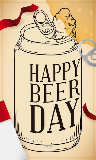 Hand drawn beer can looseleaf paper streamers and ring pull over the poster for Beer Day celebration