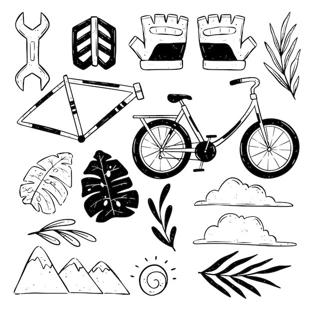 Hand drawn bicycles shop or elements doodle collection Vintage or sketch style